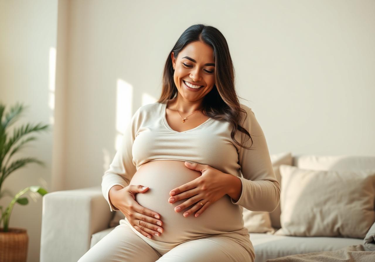 Gestante sorrindo com as mãos sobre a barriga