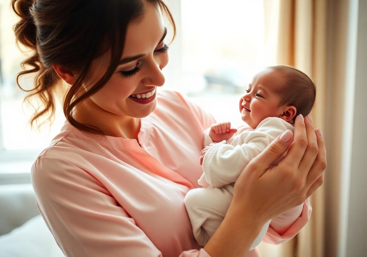 Mãe feliz segurando o bebê recém-nascido